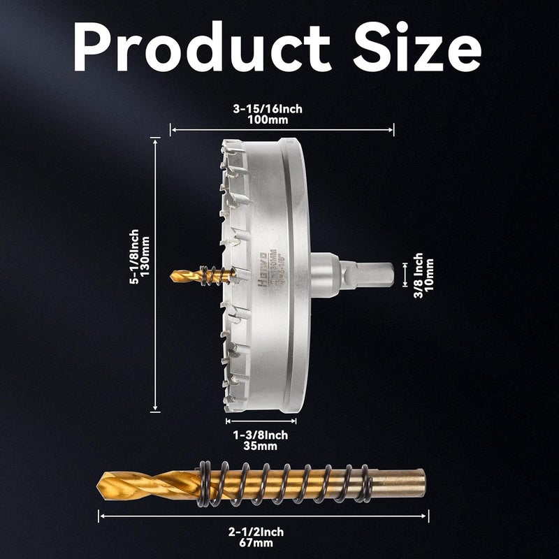 Henvo Hole Saw 5-1/8" (130mm) Heavy Duty Carbide with 2 Pilot Drill Bits - Metal Hole Cutter Cuts Stainless Steel, Iron, Copper, Brass, Plastic - Image 2